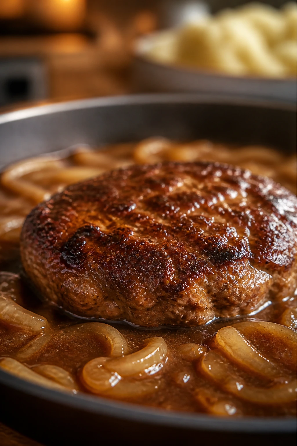 Crusted hamburger patty with onion gravy