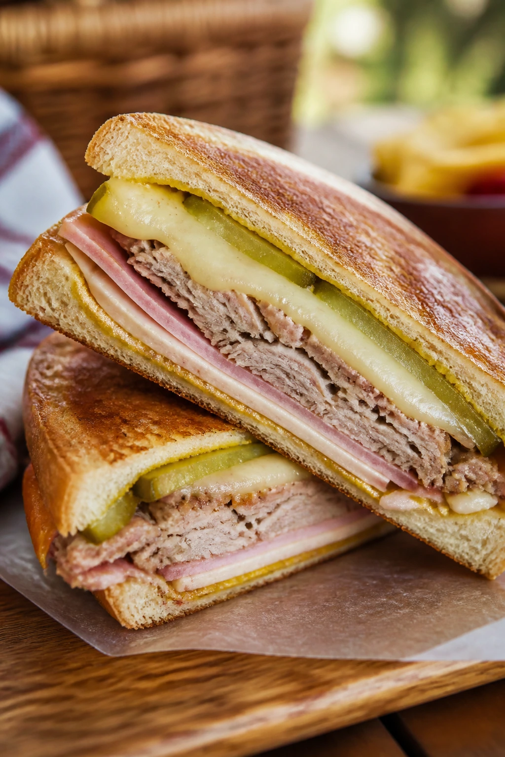 Pressed Cuban-style ham and pork sandwich on picnic table