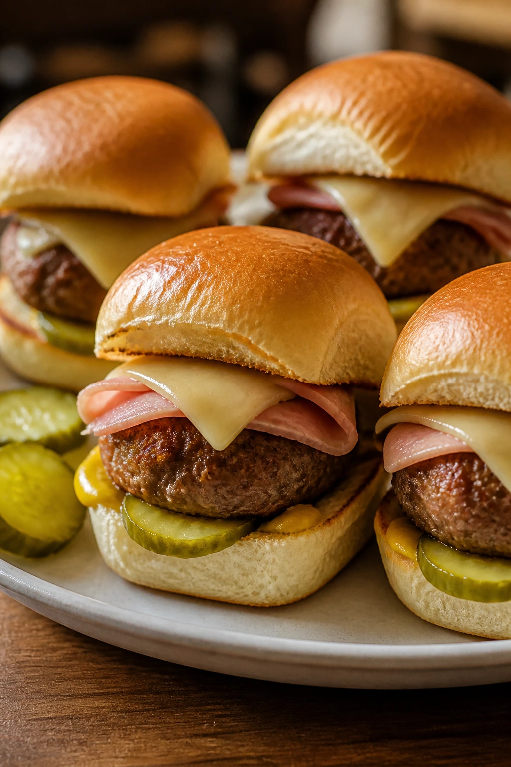 Cuban-inspired meatball slider with ham, Swiss cheese, and pickles