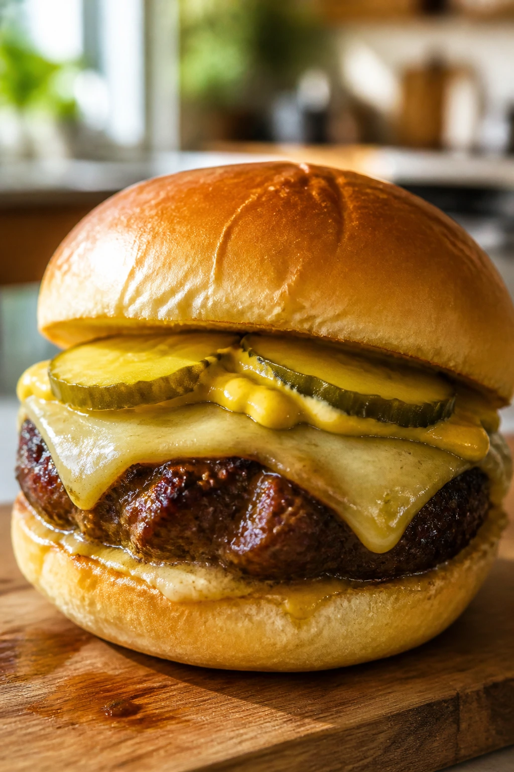 Close-up of a Cuban Mojo Burger with Swiss cheese, orange glaze, pickles and mustard