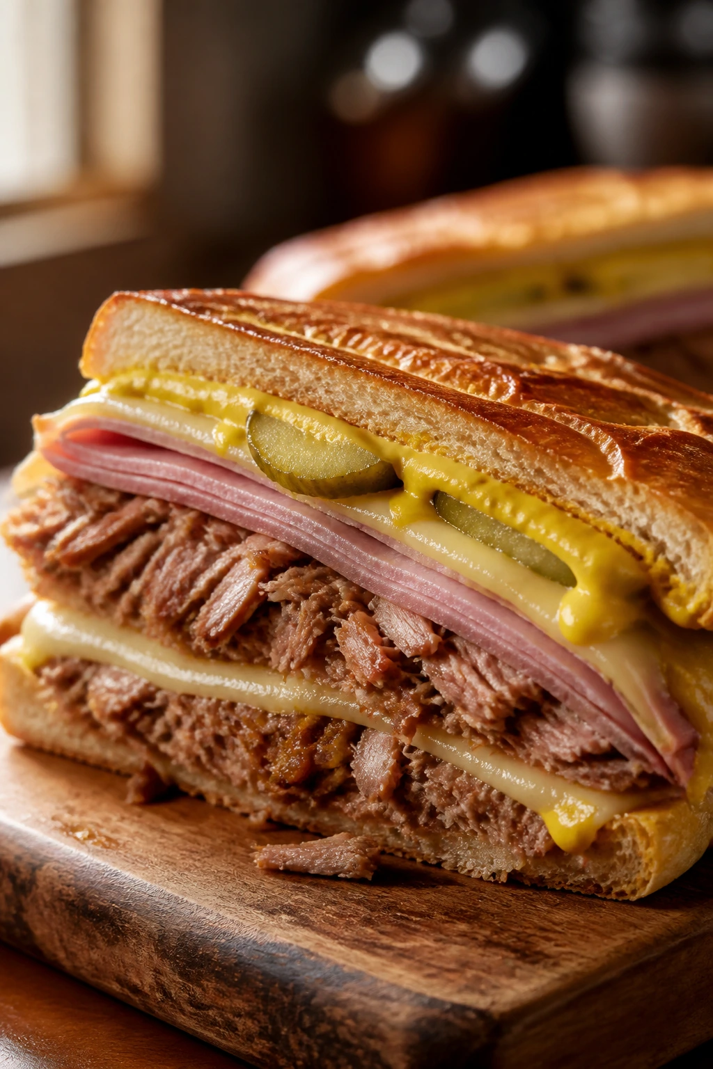 Close-up of Cuban Mojo Pork Sandwich with pork, ham, Swiss cheese, pickles and mustard on pressed bread