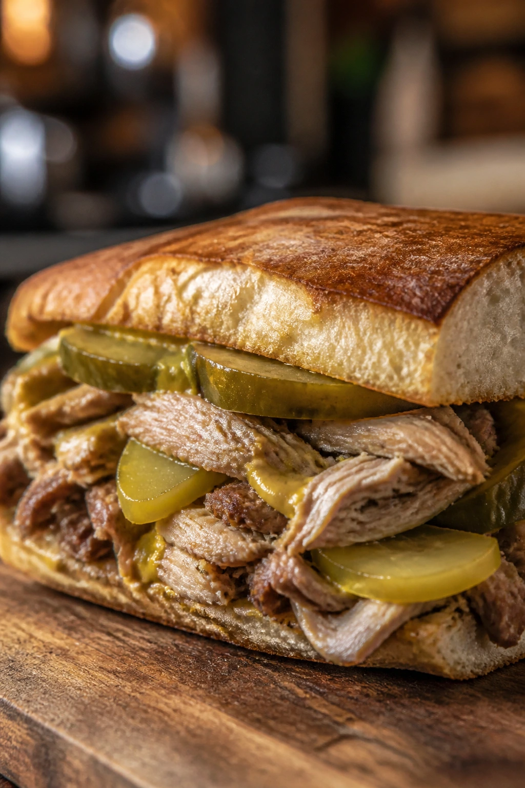 Close-up Cuban mojo pork sandwich with pickles on a sturdy roll