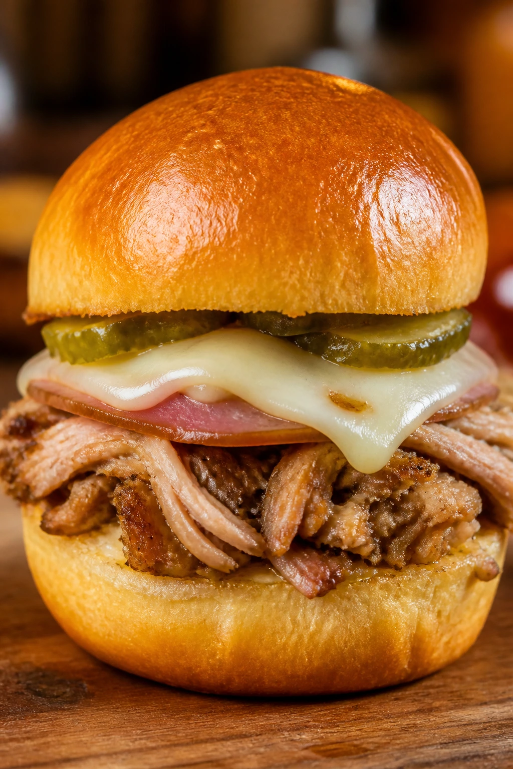 Cuban mojo pork slider with ham and Swiss cheese on a bun