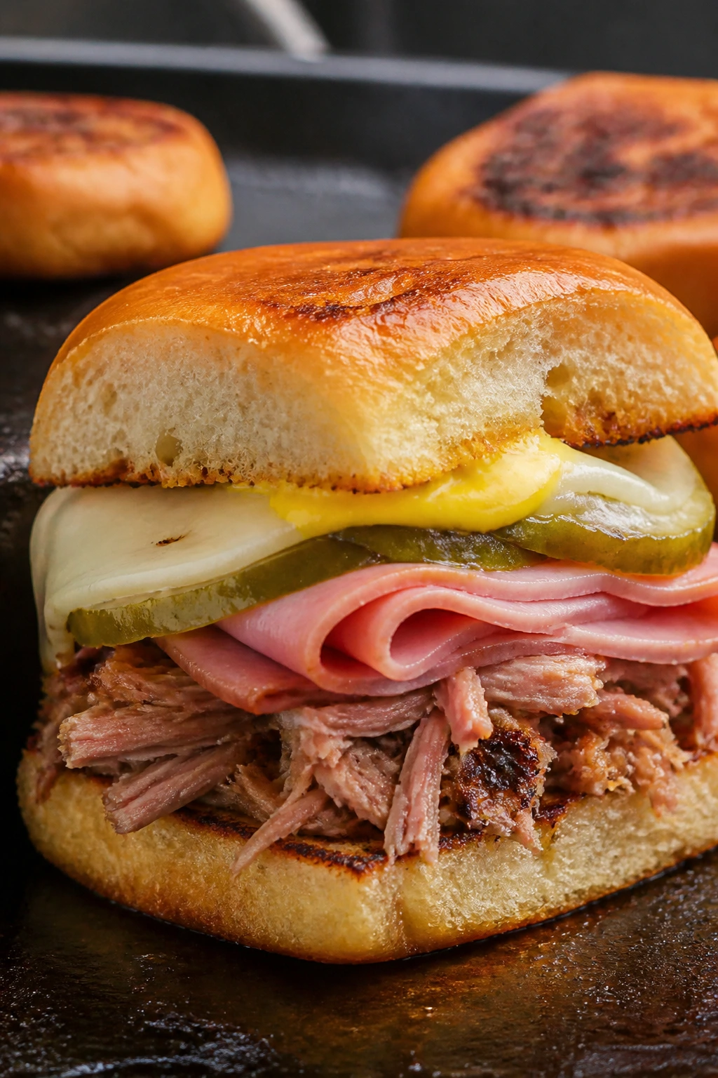 Cross-section Cuban-style pork slider with pork, ham, Swiss, mustard, and pickle