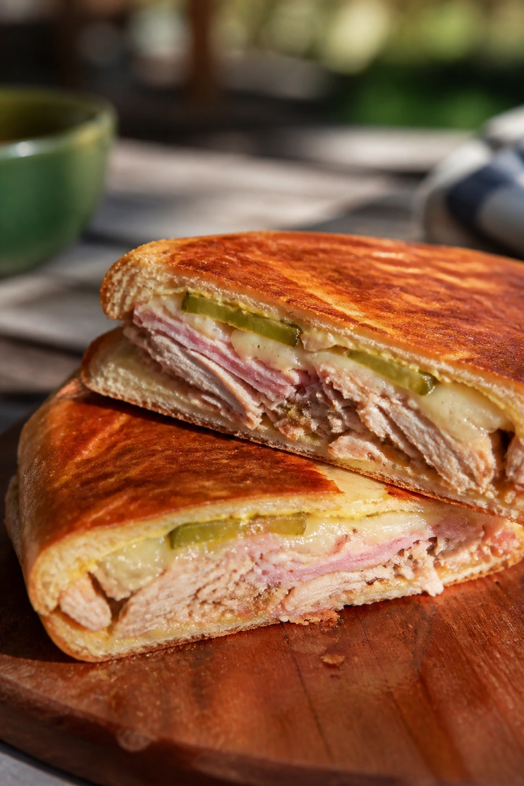 Pressed Cuban sandwich cross-section with pork ham cheese