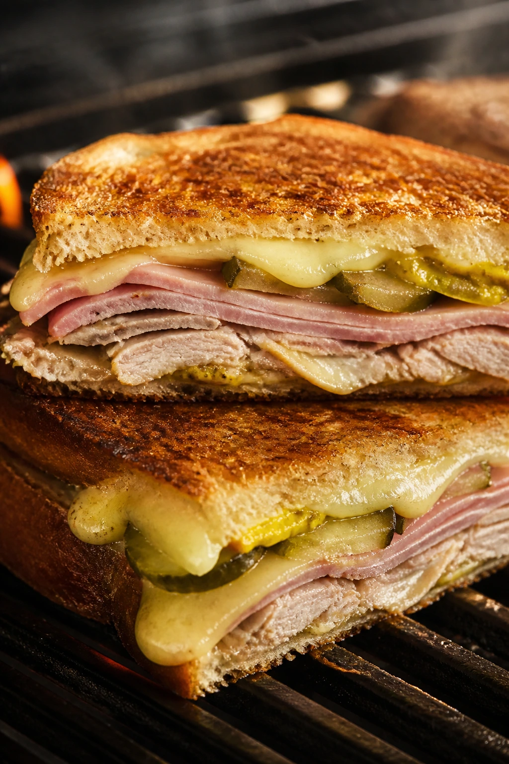 Close-up of a pressed Cuban sandwich with ham, pork, Swiss cheese, and pickles on grilled bread.