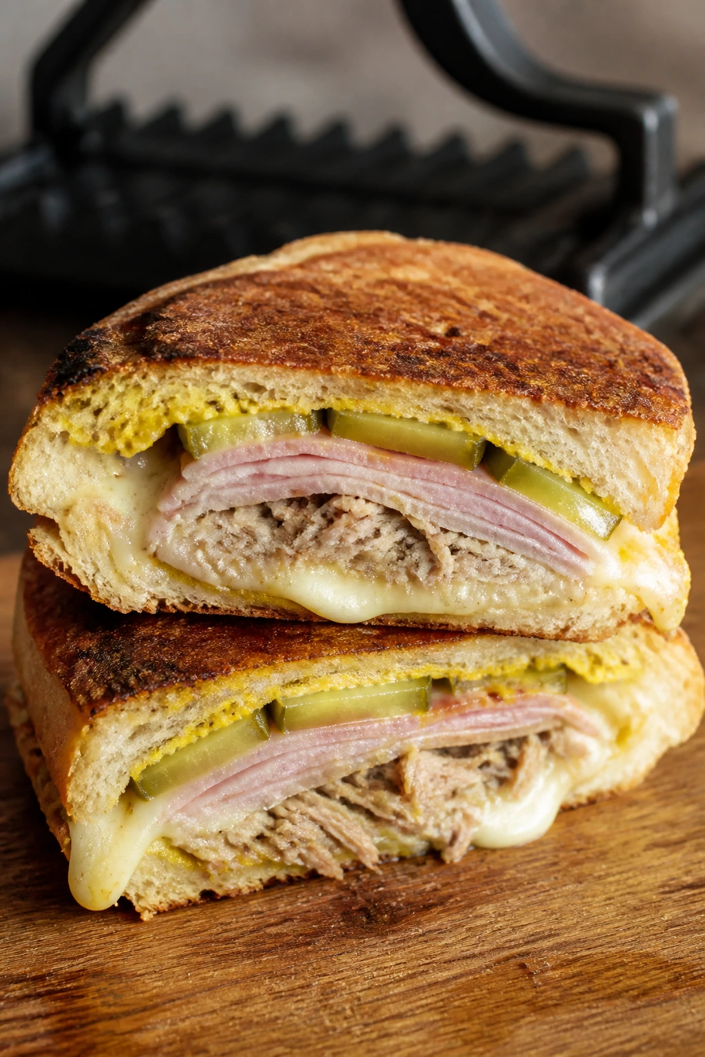 Close-up of Cuban sandwich with pork, ham, Swiss cheese and pickles on crusty bread