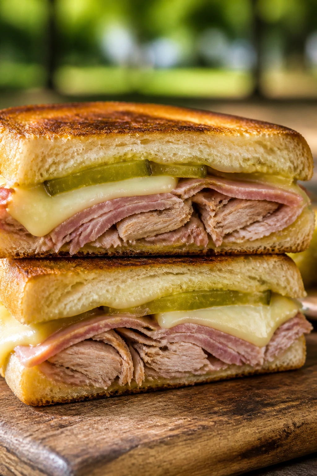 Cross-section of a pressed Cuban Sandwich with pork, ham, cheese and pickles