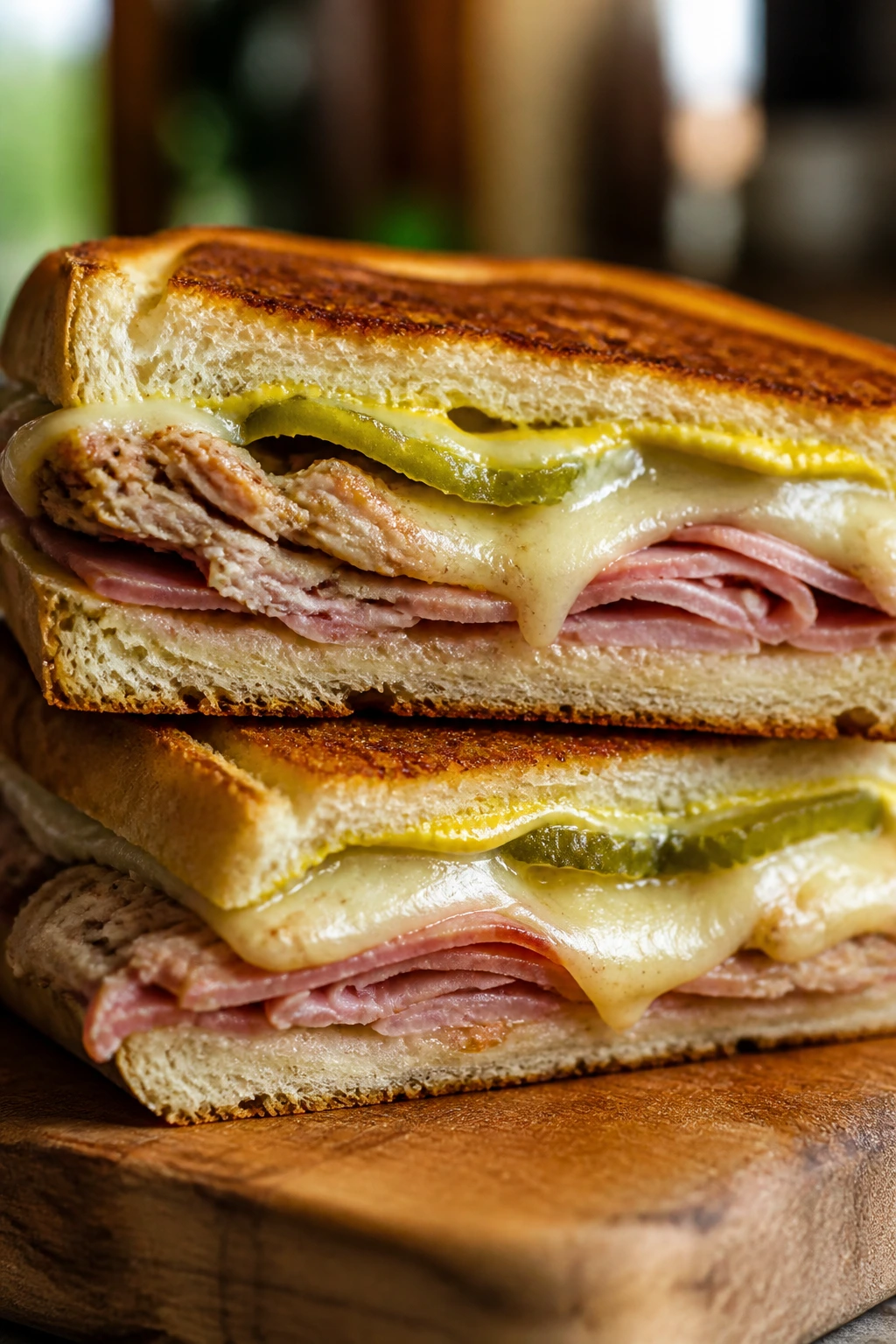 Pressed Cuban sandwich showing pork, ham, Swiss cheese and pickles