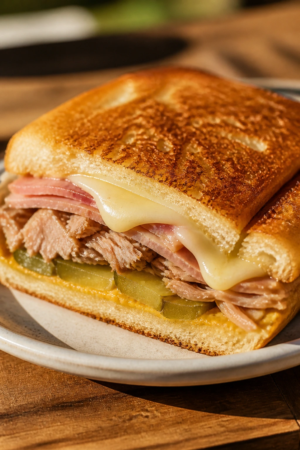Pressed Cuban sandwich half with melted cheese and pork on crusty bread