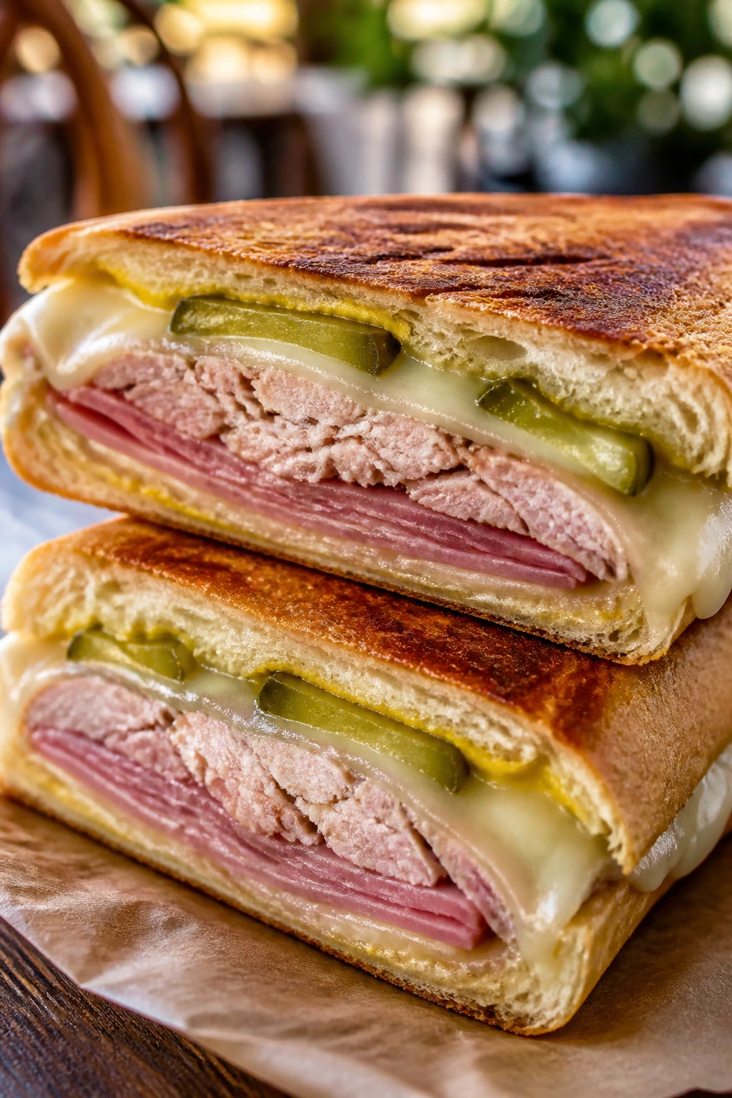 Close-up of a pressed Cuban sandwich showing pork, ham, Swiss cheese and pickles