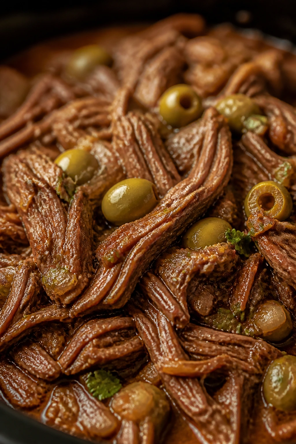Shredded Cuban beef with olives in citrusy sauce