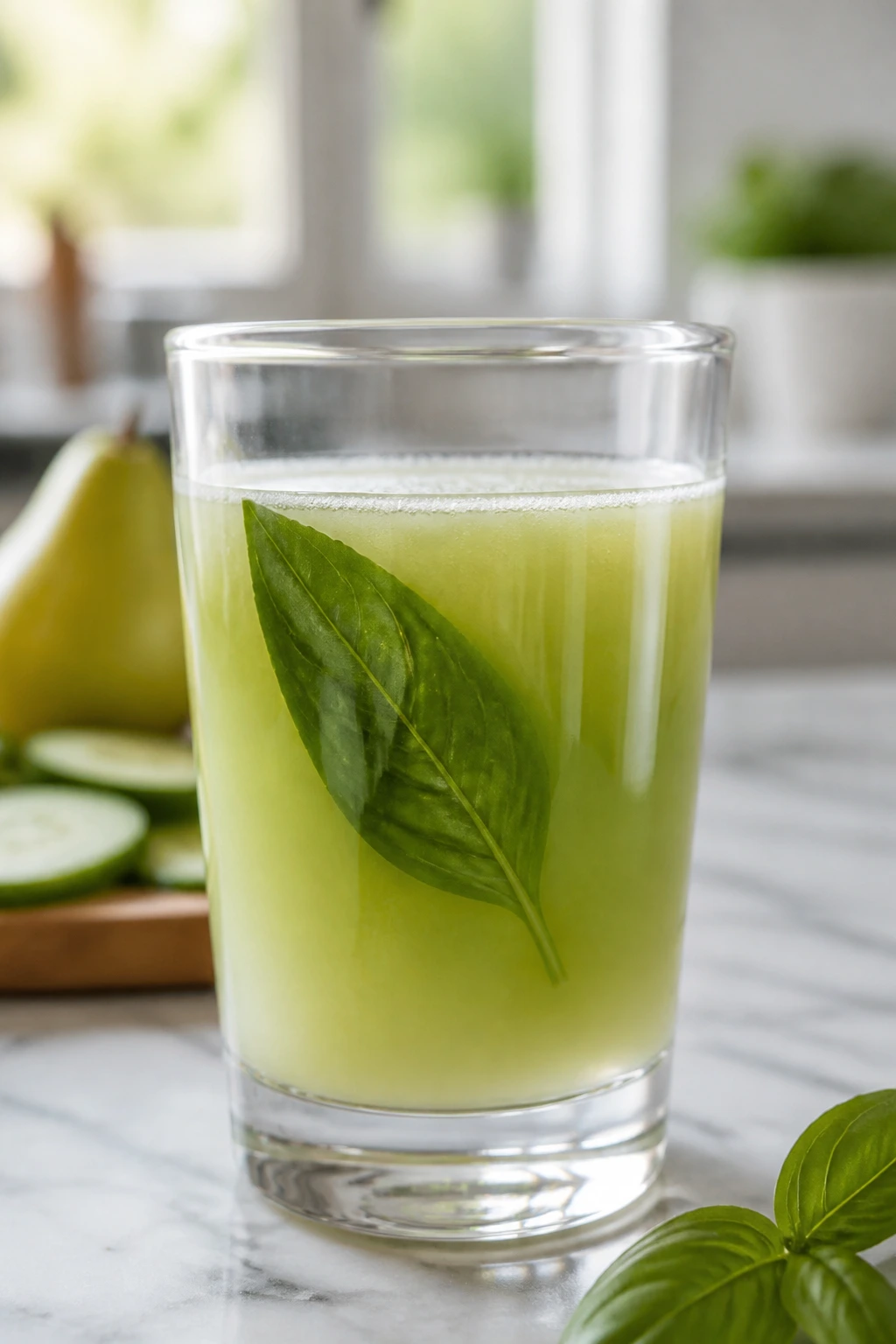Pale green cucumber pear basil juice in a glass on a kitchen counter