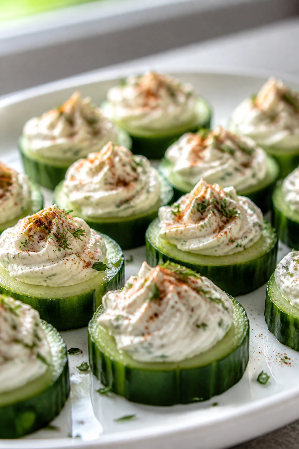 Cucumber cream cheese bites on a platter