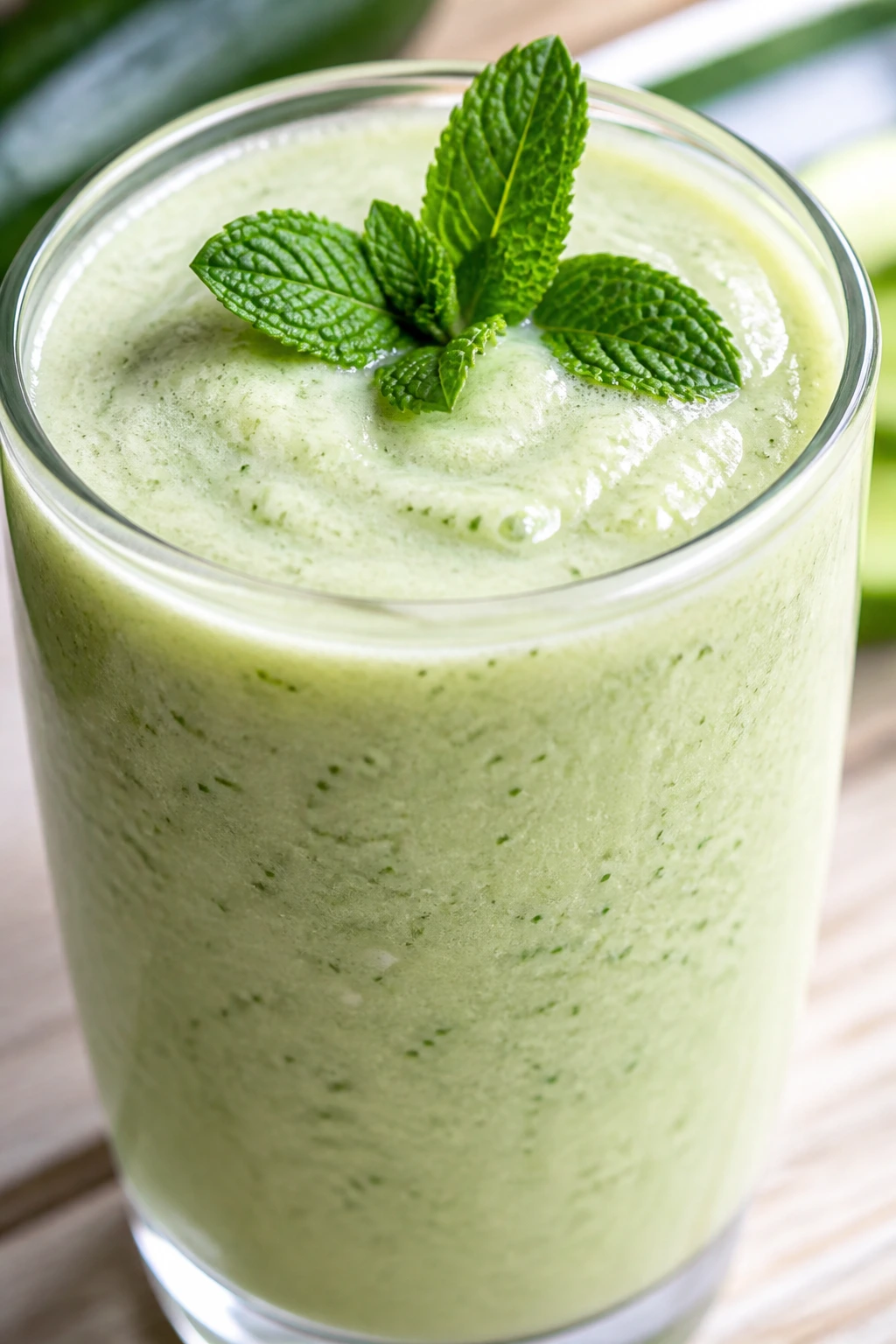 Close-up of pale green cucumber coconut lime smoothie in a glass with mint leaves