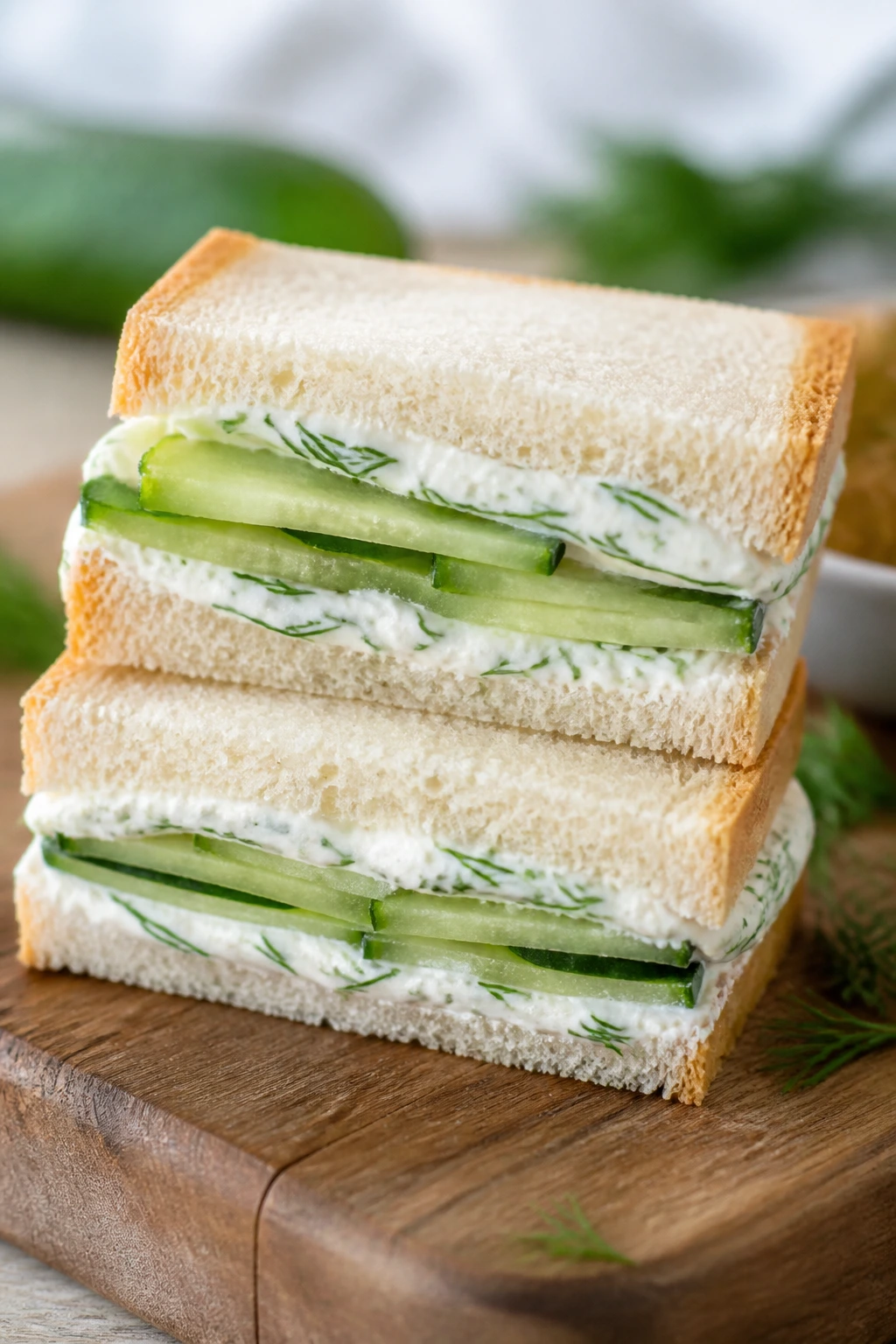 Close-up of cucumber dill cream cheese sandwiches on a wooden board