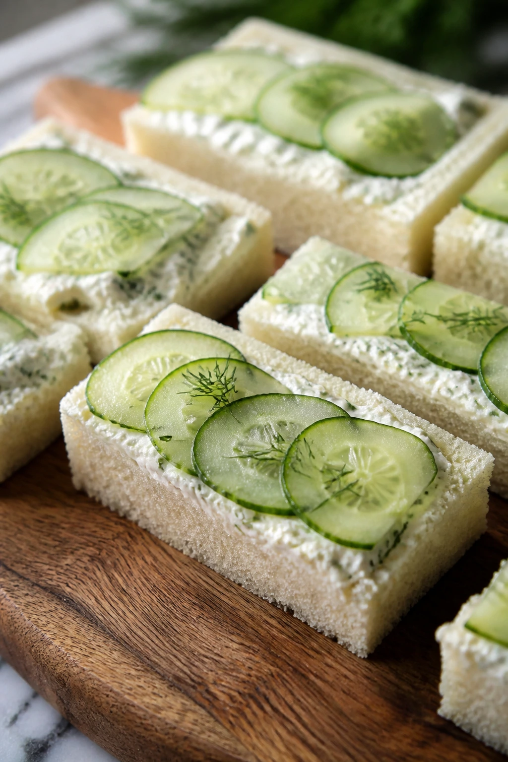 Finger sandwiches with cucumber, cream cheese, and dill on soft bread