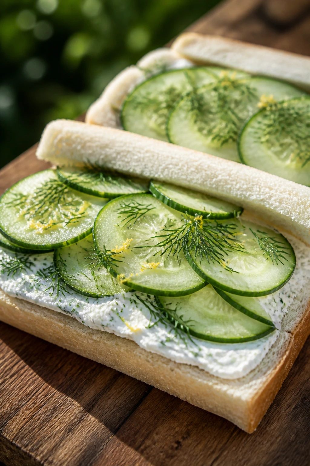 Cucumber cream cheese sandwich showing dill and lemon zest on soft bread.