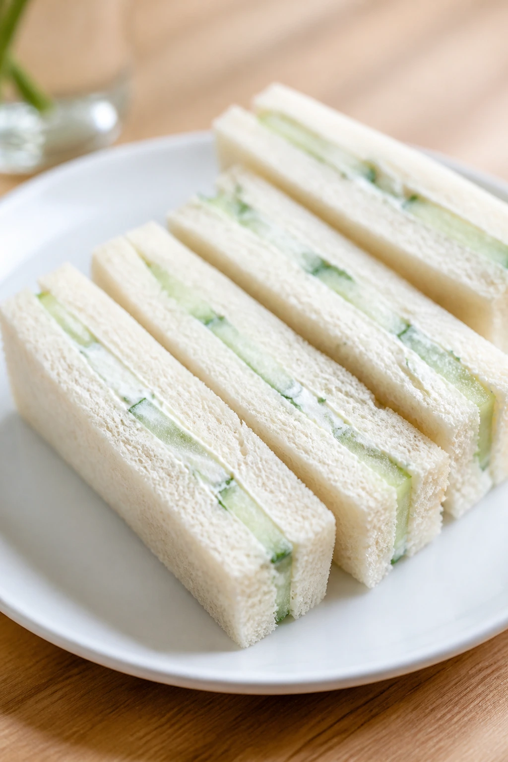 Close-up of cucumber and cream cheese tea sandwiches on a plate