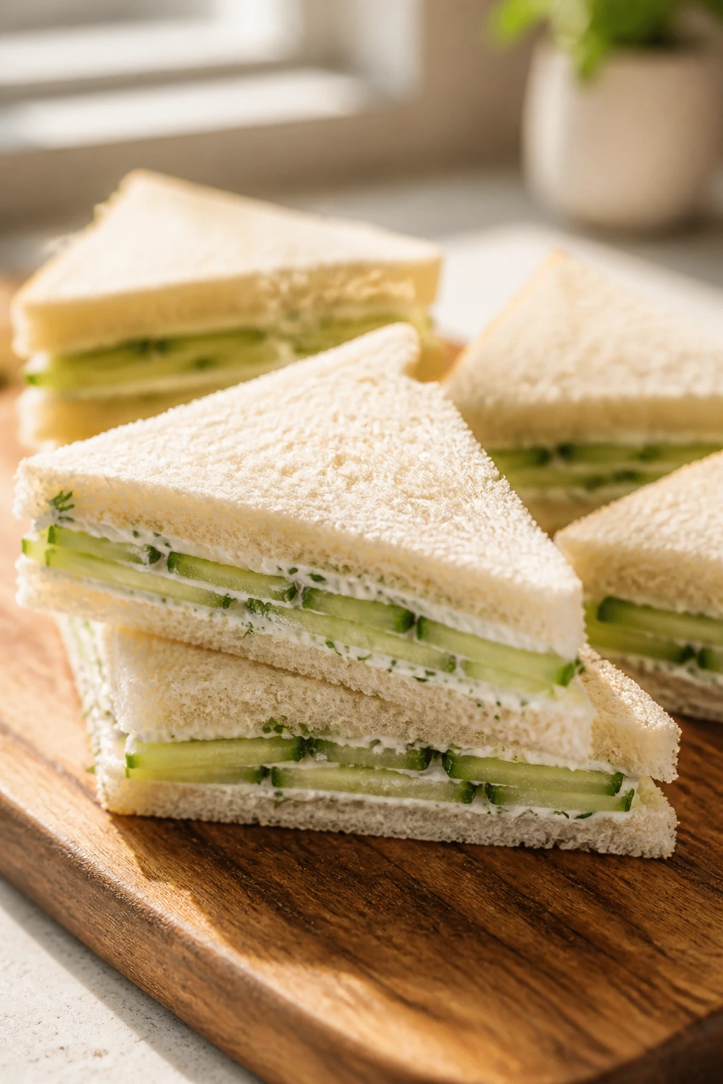 Close-up of cucumber cream cheese tea sandwiches on a rustic cutting board