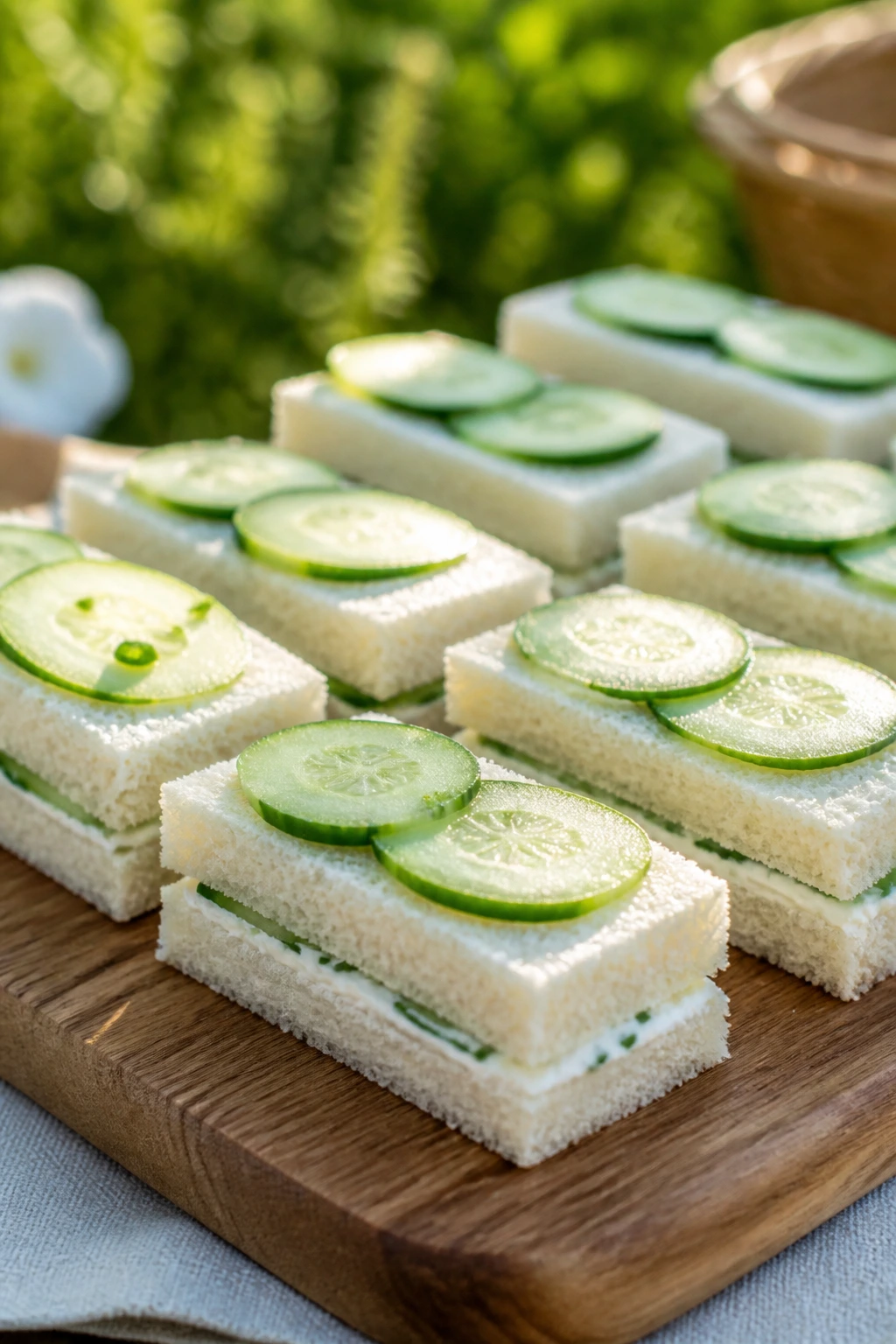 Close-up of cucumber and cream cheese finger sandwiches on a wooden board outdoors