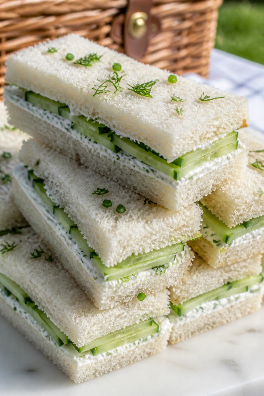 Stack of cucumber and cream cheese tea sandwiches on a sunny outdoor table
