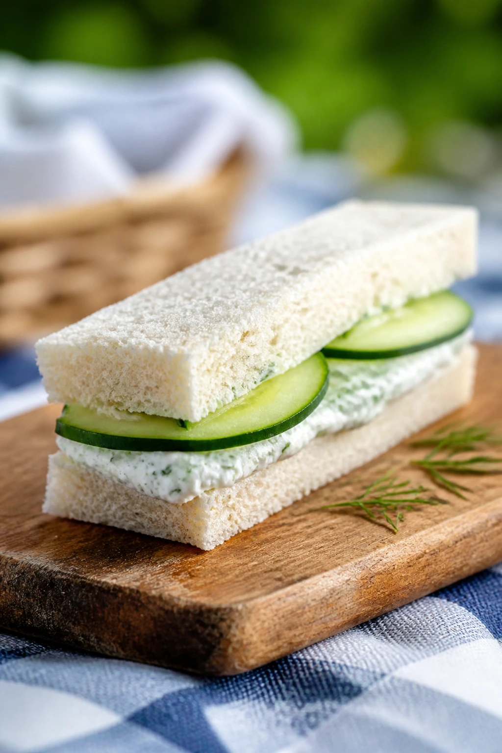 Close-up of a cucumber-dill finger sandwich on a rustic board outdoors