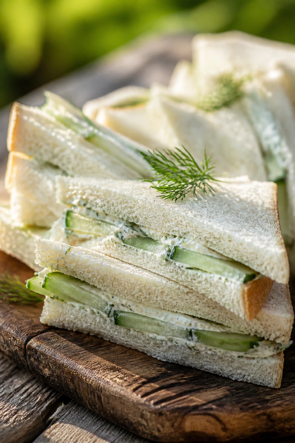 Tea sandwiches with cucumber and dill cream cheese on bread outdoors