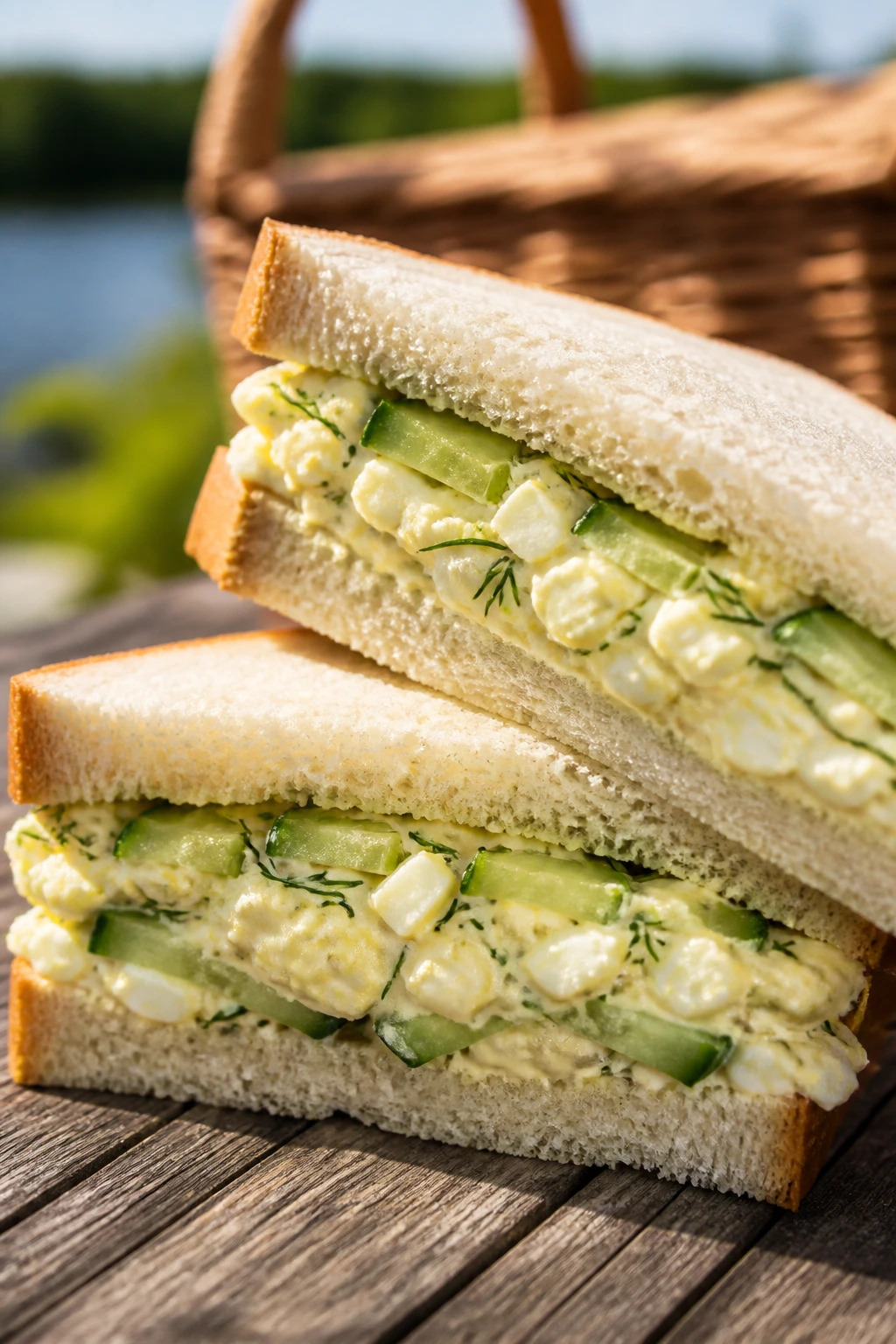 Close-up of cucumber dill egg salad sandwiches on a rustic picnic setting
