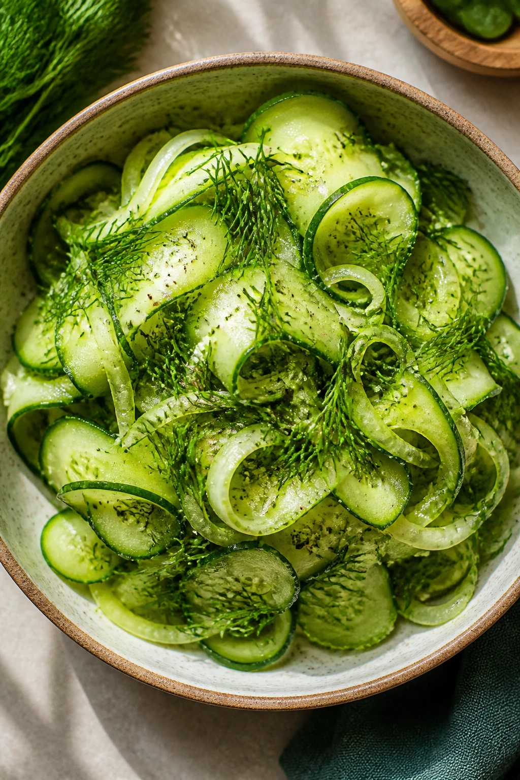 Close-up of cucumber-dill garden bowl on sunlit kitchen counter