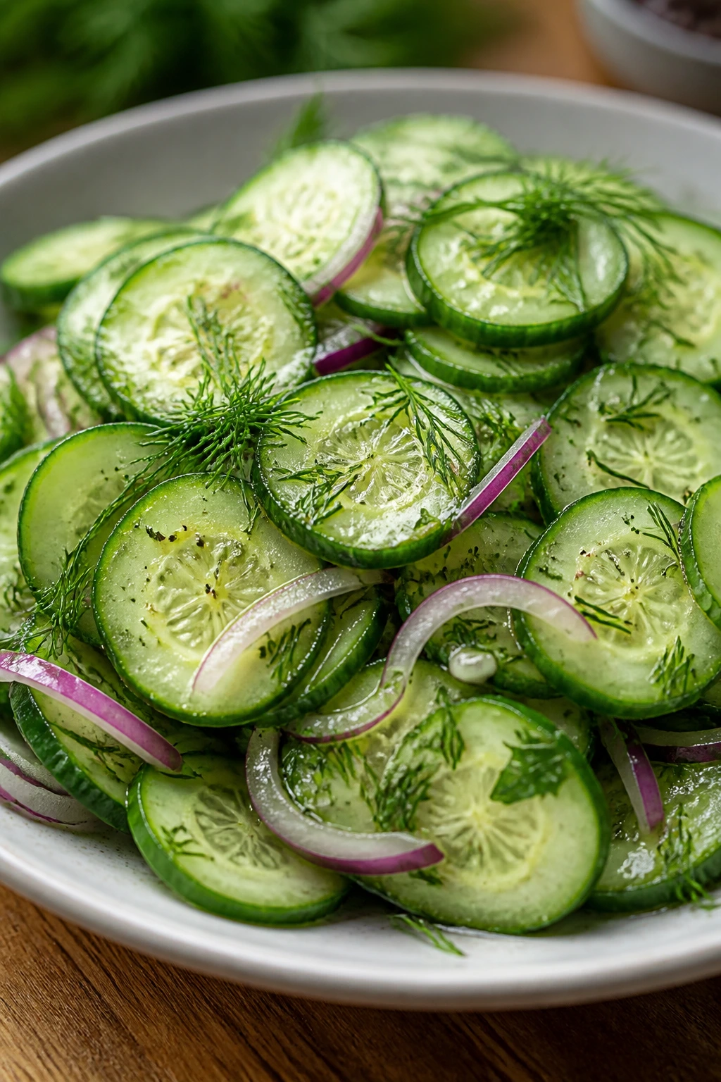 Close-up of cucumber dill salad on plate with dill and onions