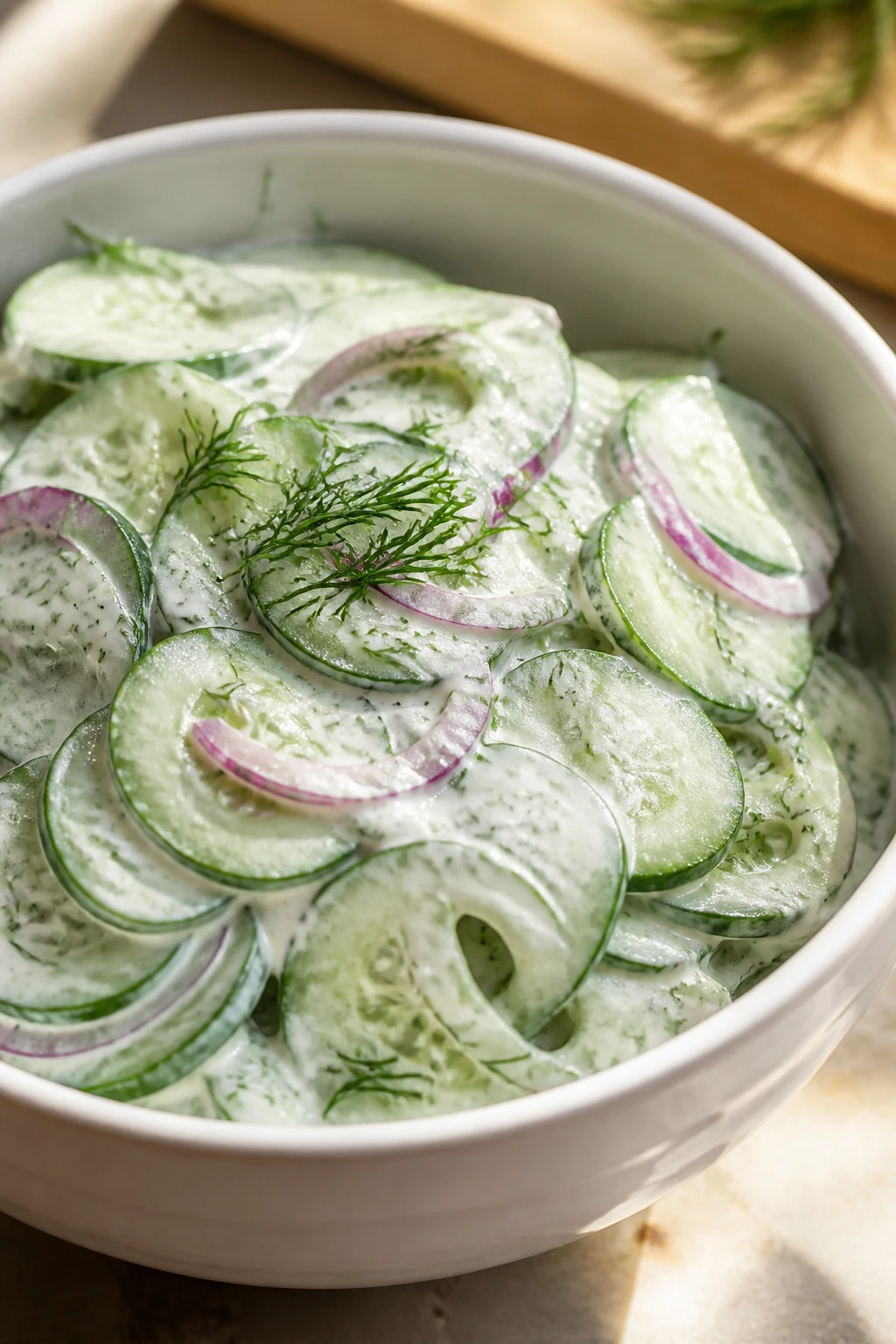 Close-up of Creamy Cucumber Dill Salad in a white bowl with cucumber and red onion