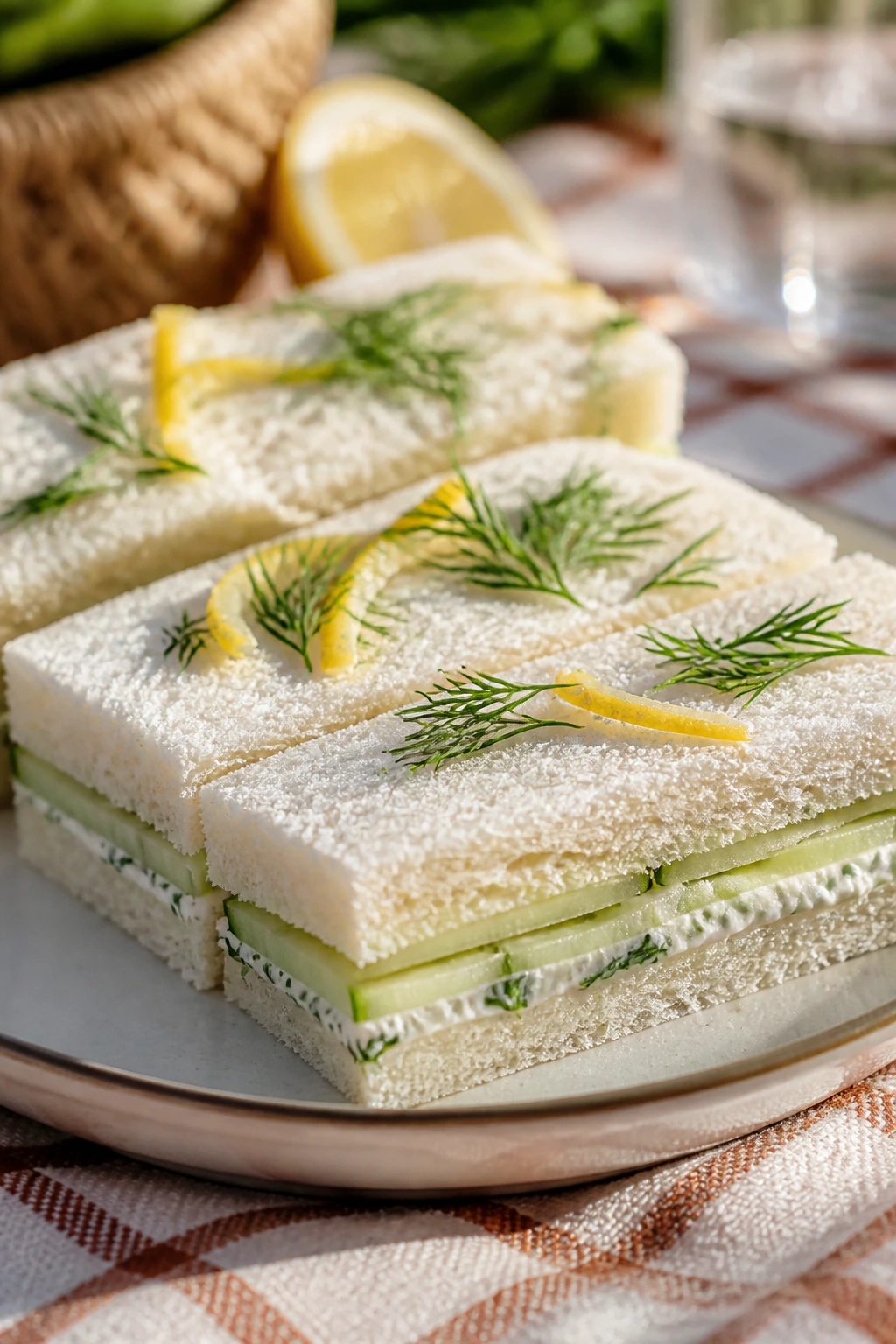 Crustless cucumber-dill tea sandwich on plate in natural light