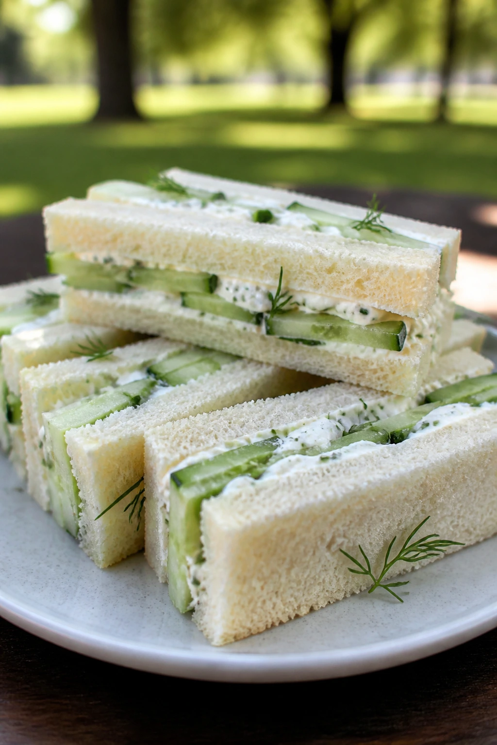 Close-up of Cucumber-Dill Sandwiches on a plate in a park setting