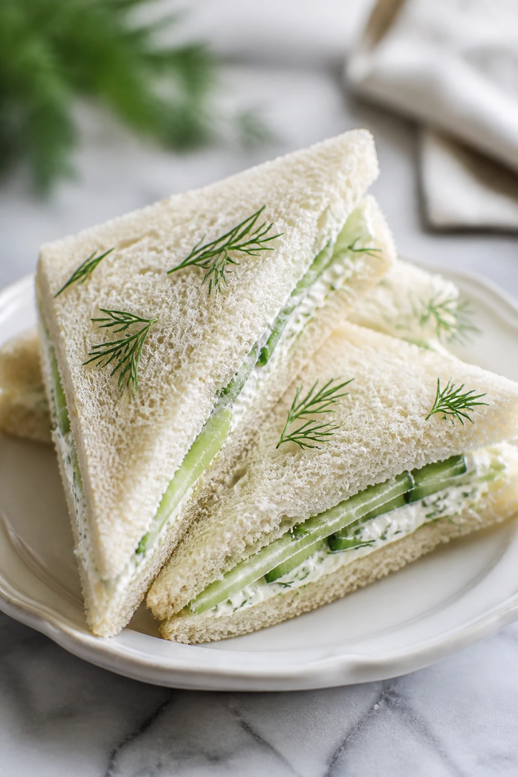 Cucumber-dill tea sandwich on plate