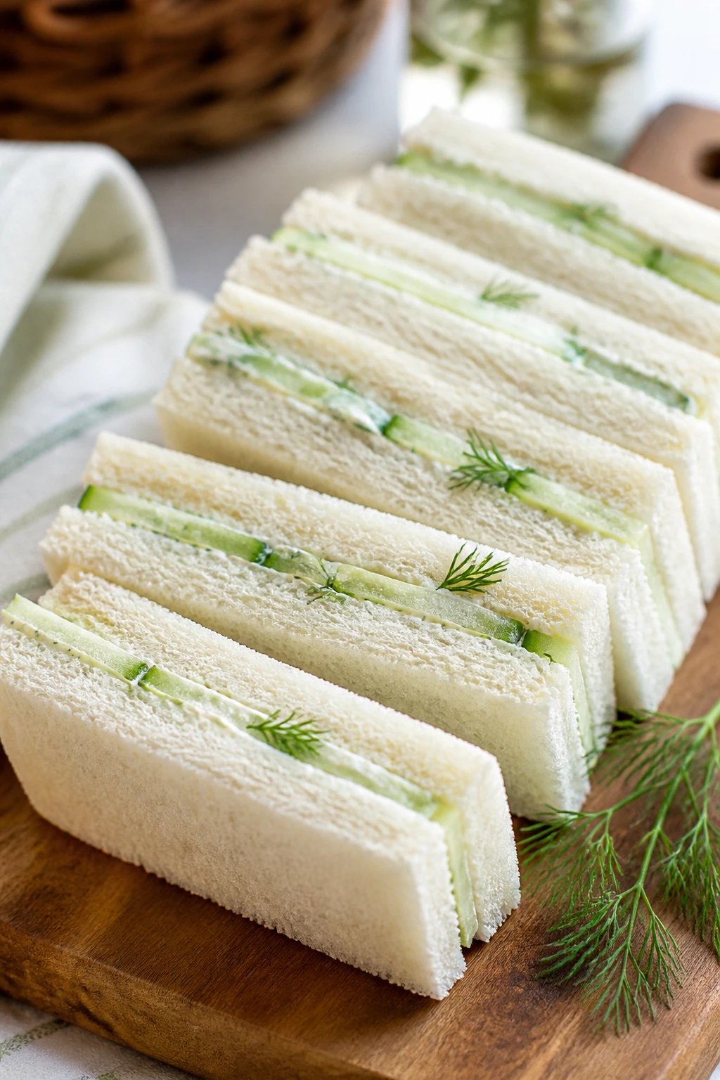 Cucumber dill tea sandwiches on a wooden board