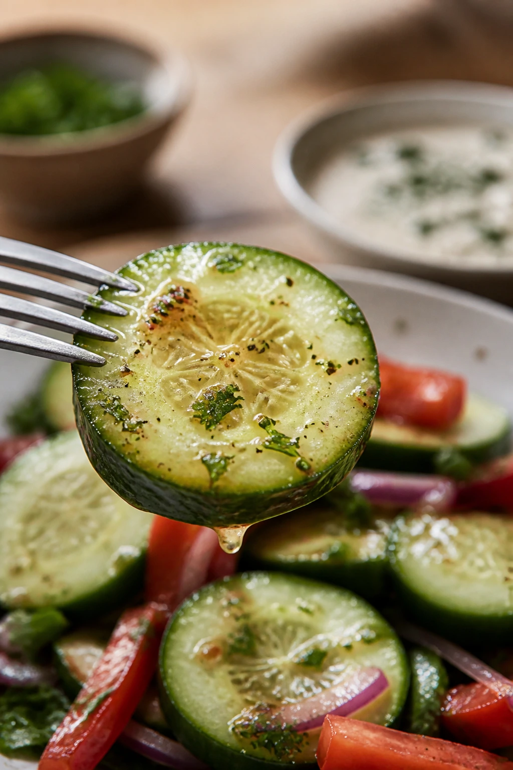 Crisp cucumber slice with dressing glaze on a plate