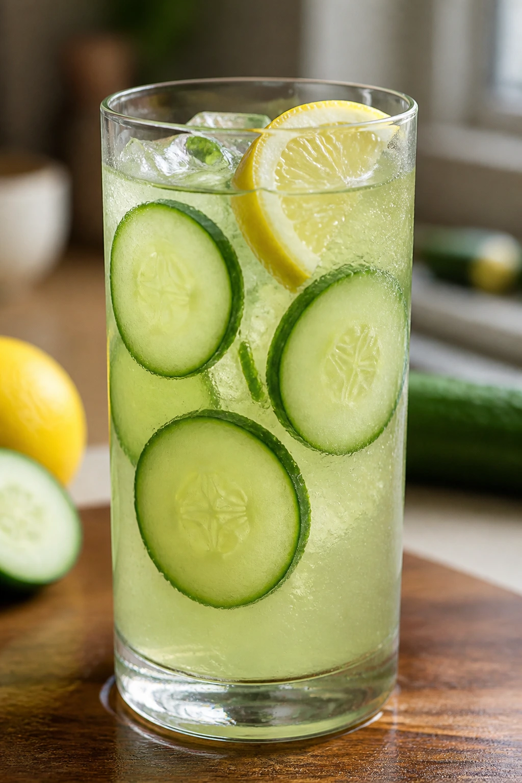 Close-up of cucumber lemon refresher in a glass, crisp and refreshing