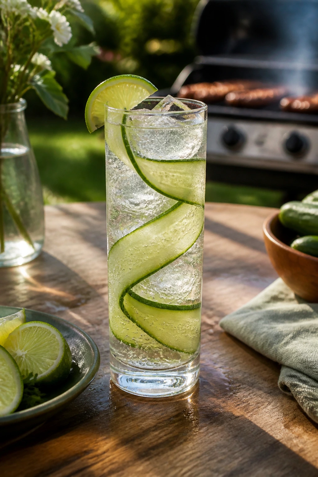 Tall cucumber gin cooler with cucumber ribbons on patio