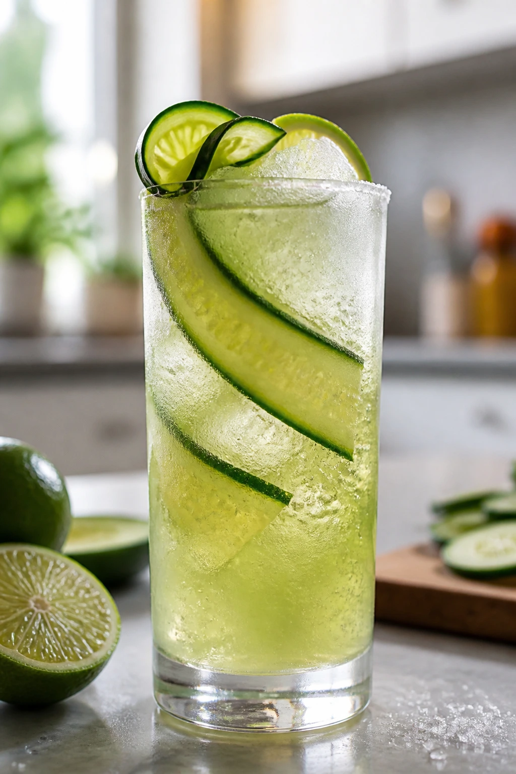 Highball glass with cucumber ribbon garnish and lime in a bright kitchen