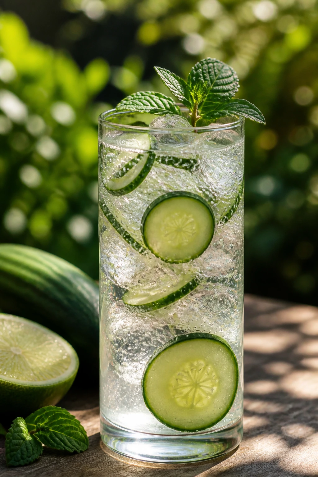 Cucumber gin rickey in Collins glass with cucumber slices and mint