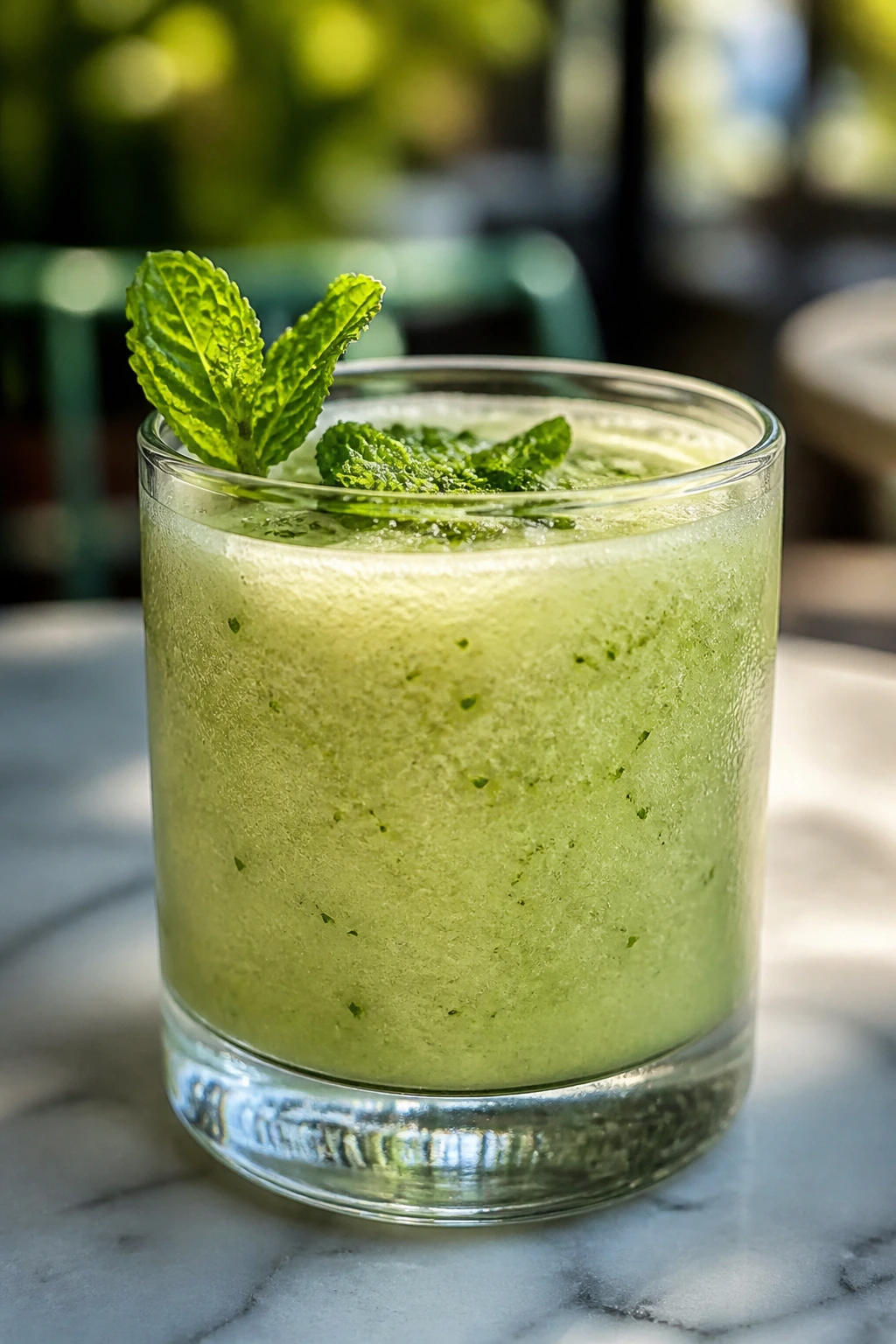 Green cucumber honeydew smoothie with mint on top in a glass