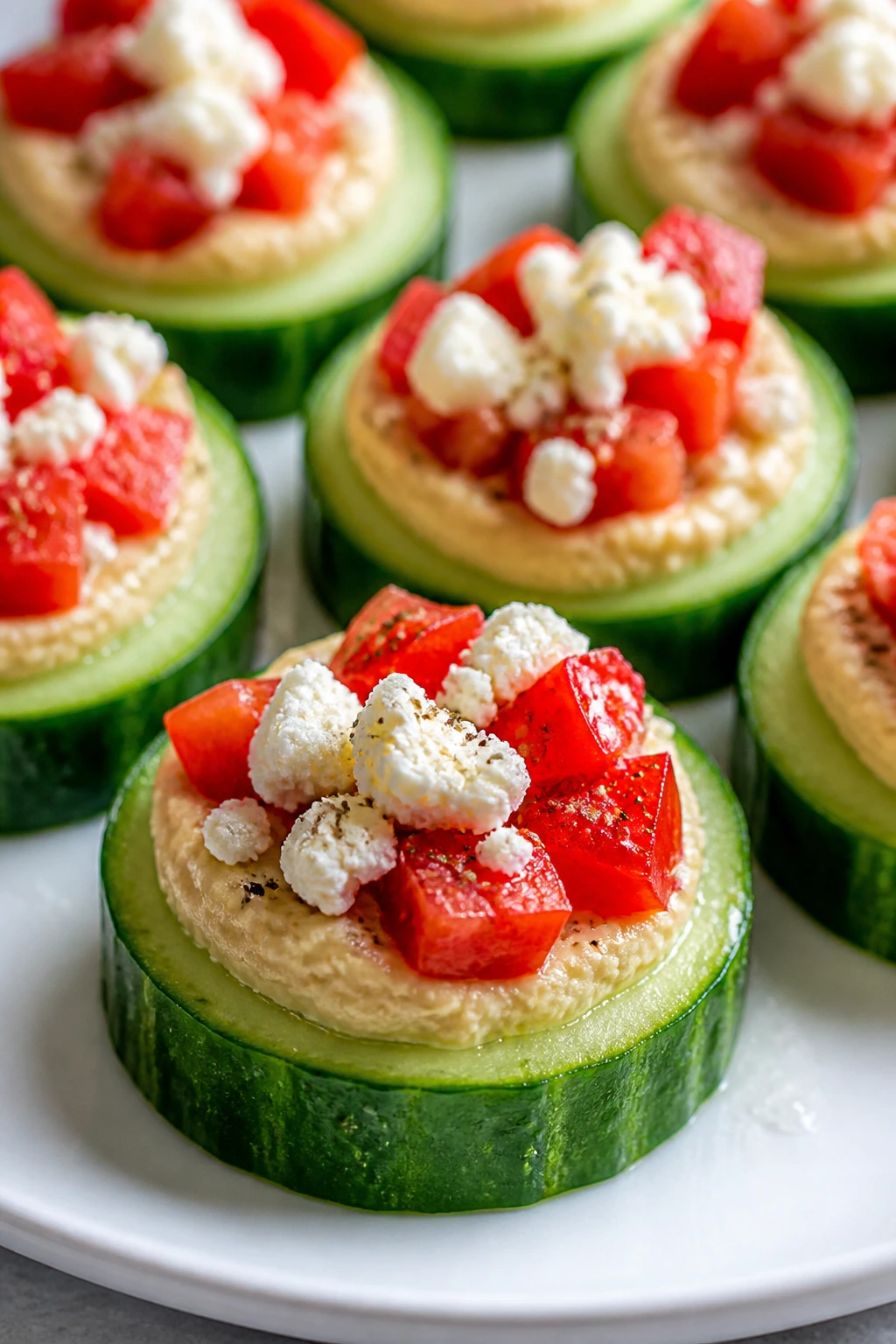 Close-up of cucumber hummus rounds on a chilled plate