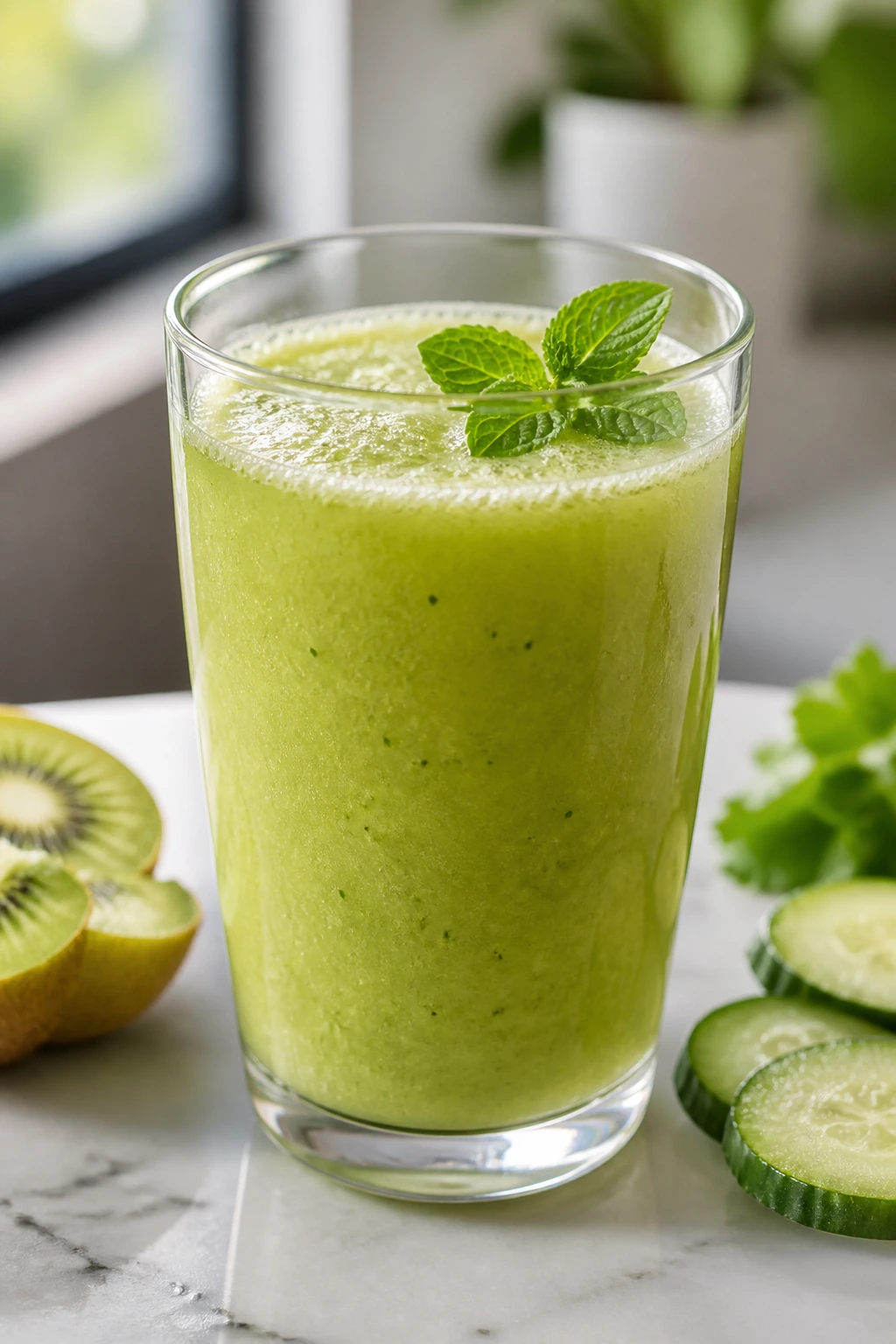 Pale green cucumber kiwi mint juice in a glass on a kitchen counter