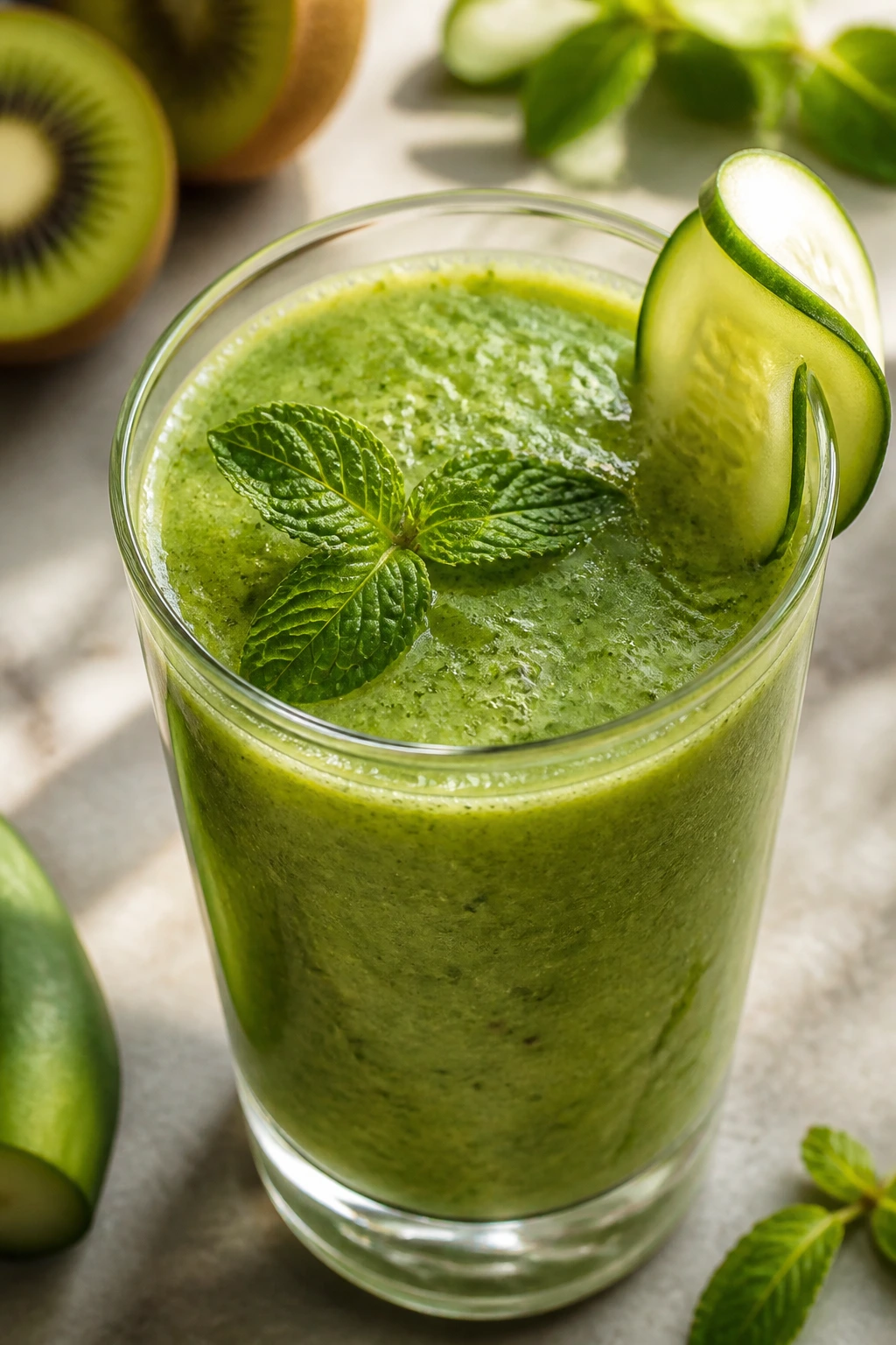 Close-up of Cucumber Kiwi Mint Smoothie in a glass with mint garnish on a spa-like kitchen counter