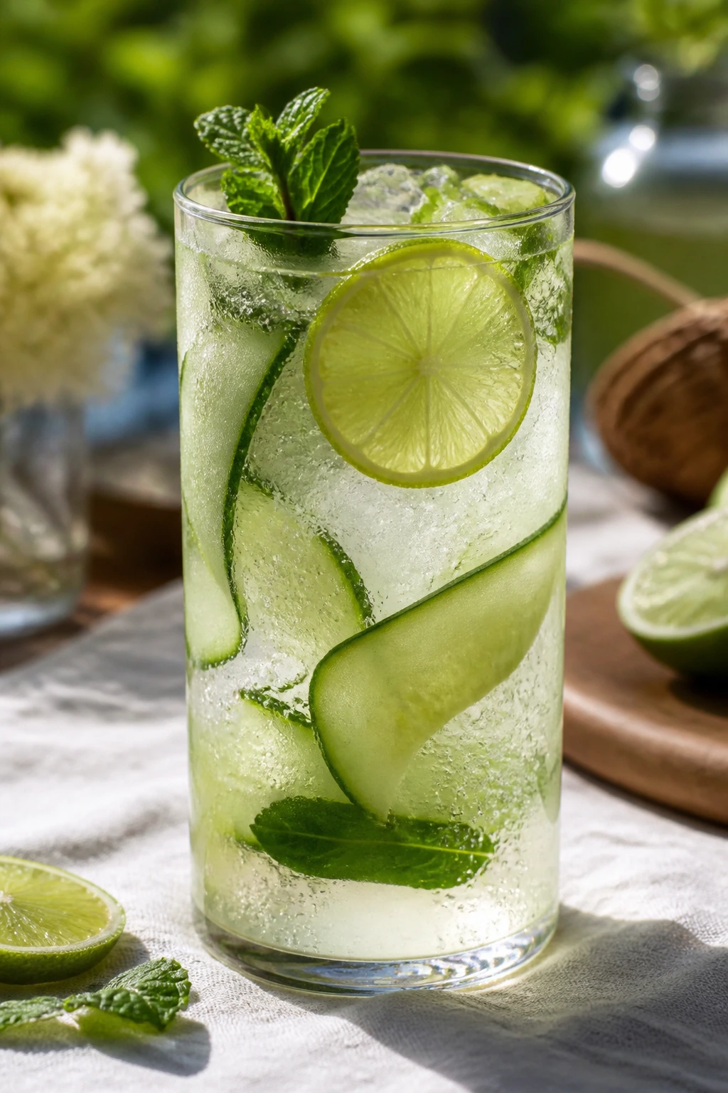 Cucumber lime fizz in highball glass on sunny picnic