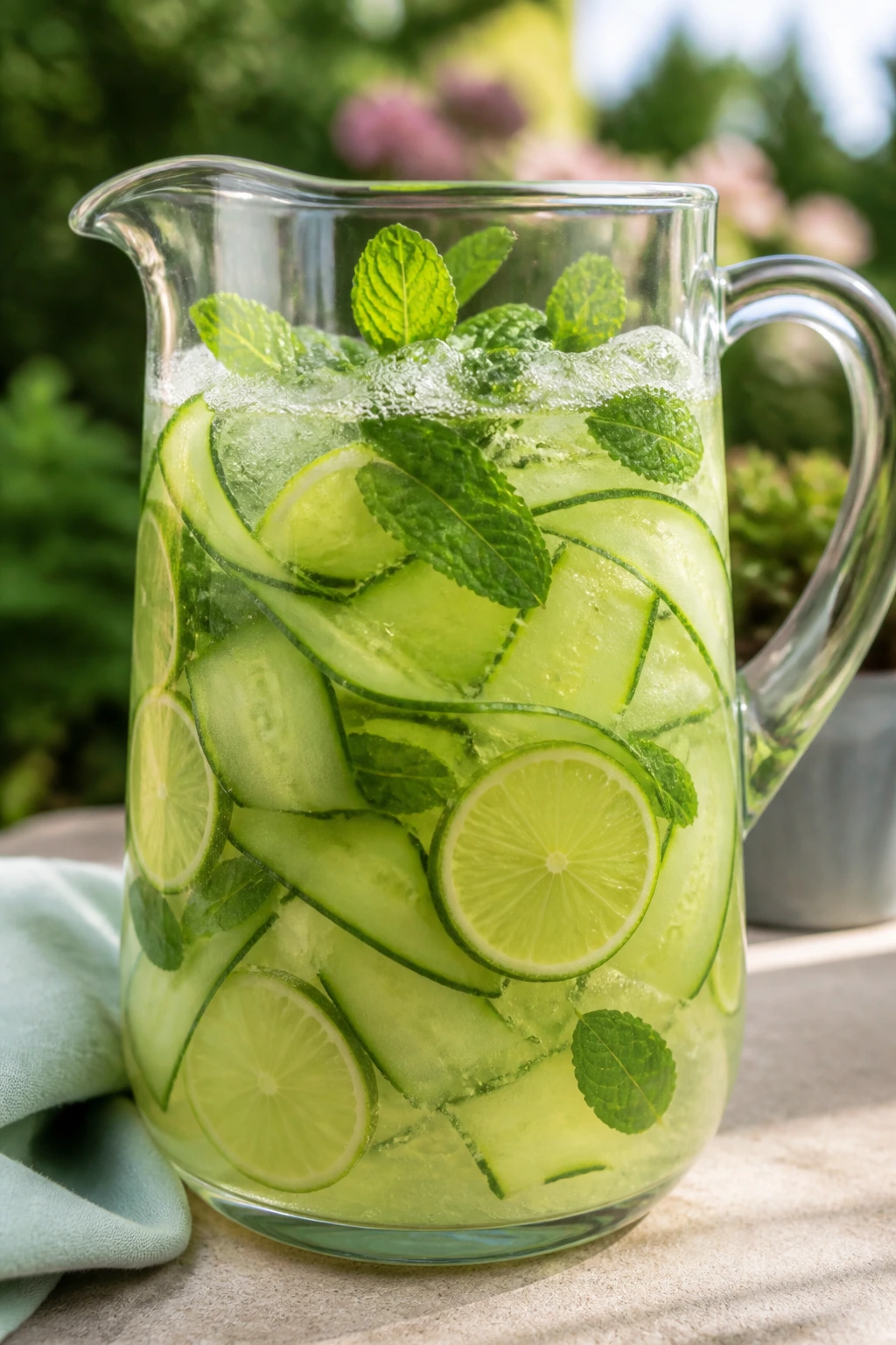 Close-up of cucumber lime gin punch in a glass pitcher outdoors