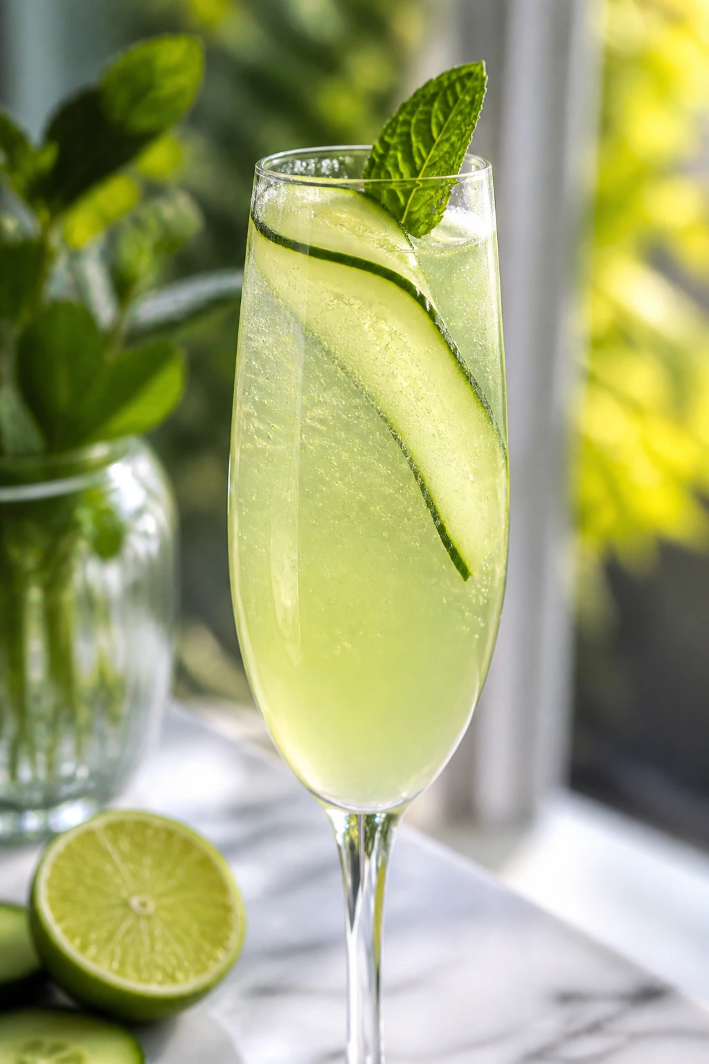 Close-up of Cucumber Lime Sparkling Mimosa with cucumber ribbon garnish