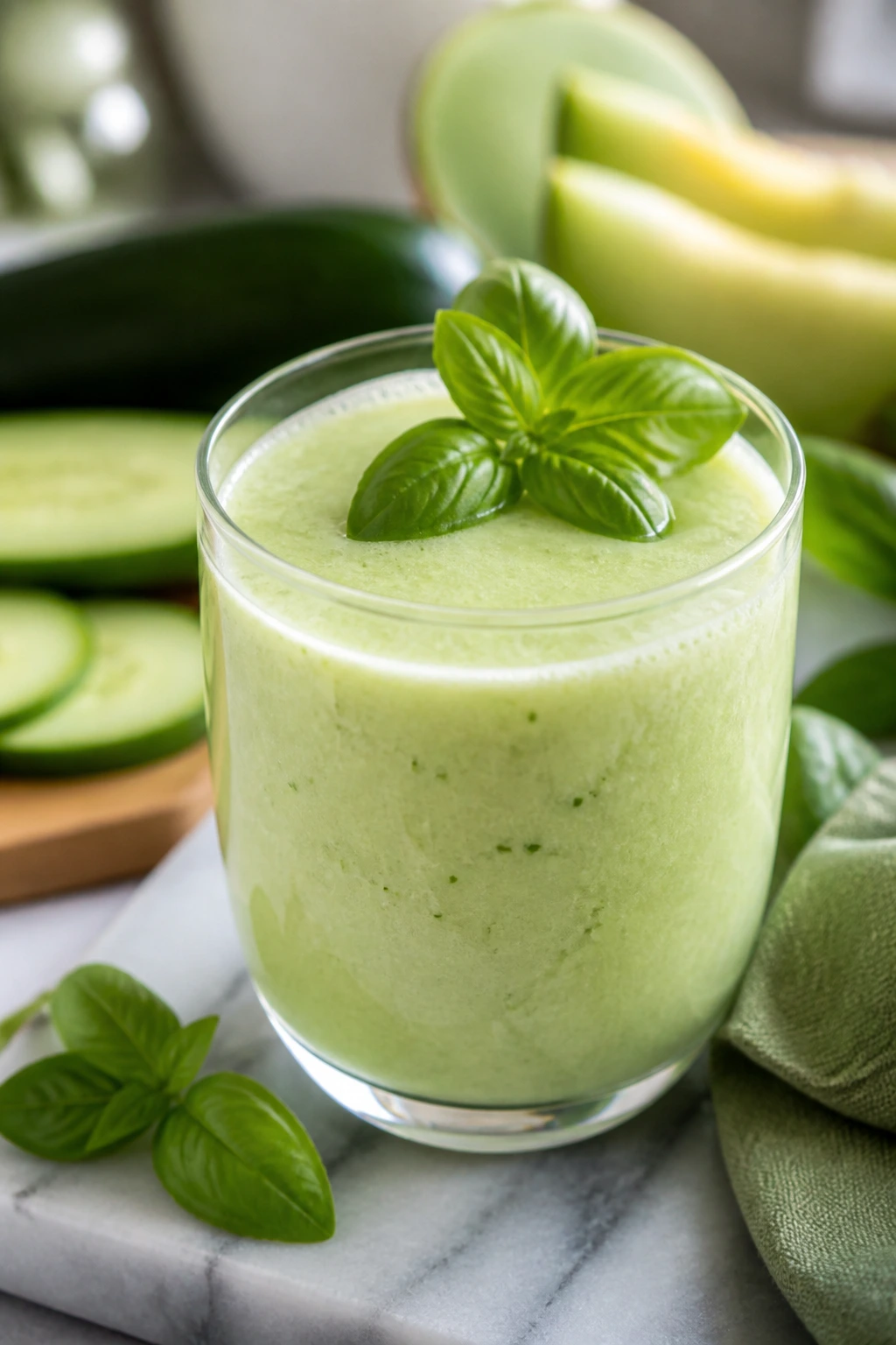 Close-up of Cucumber Melon Basil Smoothie with basil garnish