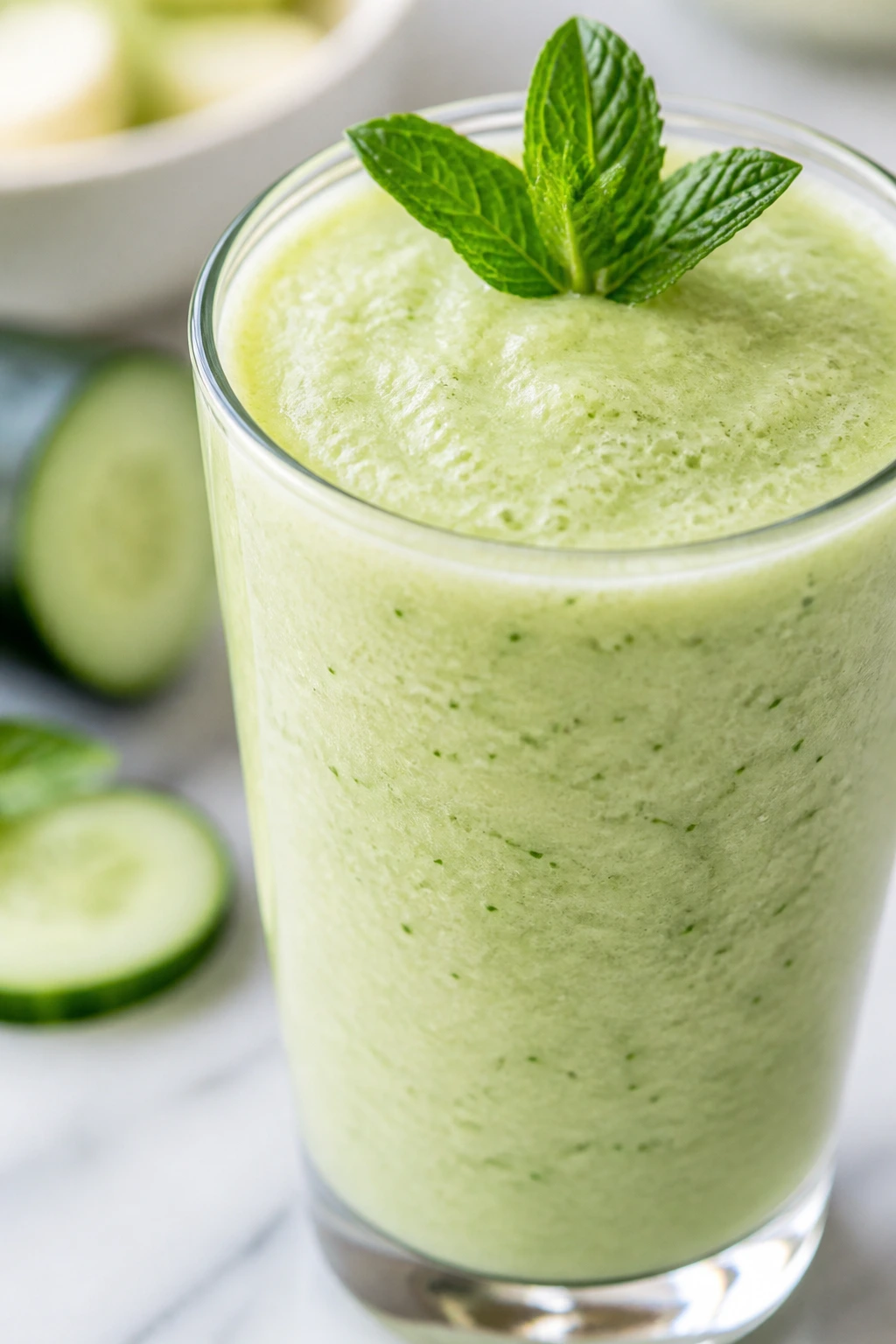 Pale green cucumber melon spa smoothie in a glass on a clean counter